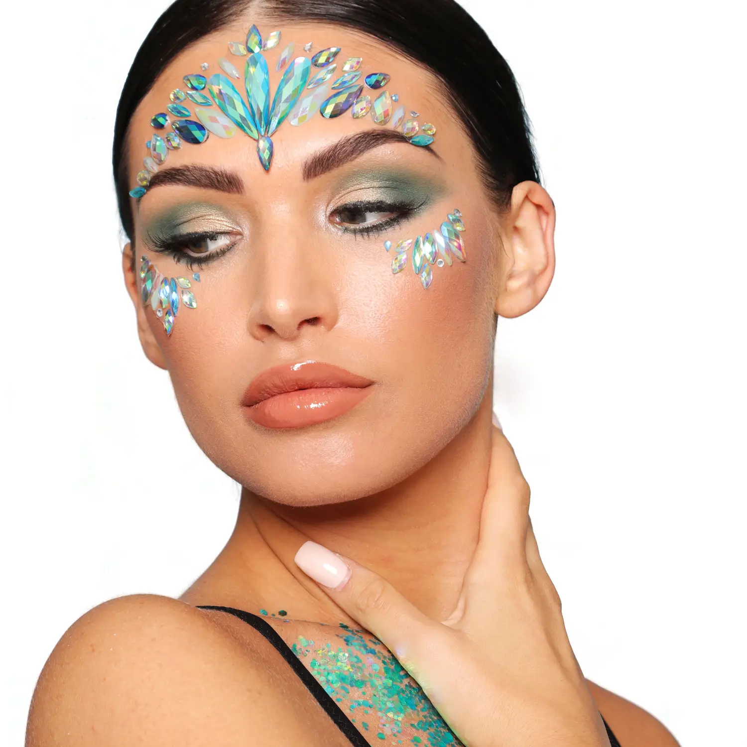 Iridescent Mermaid Face Jewels on Model by Glitter Me Up | PaintGlow